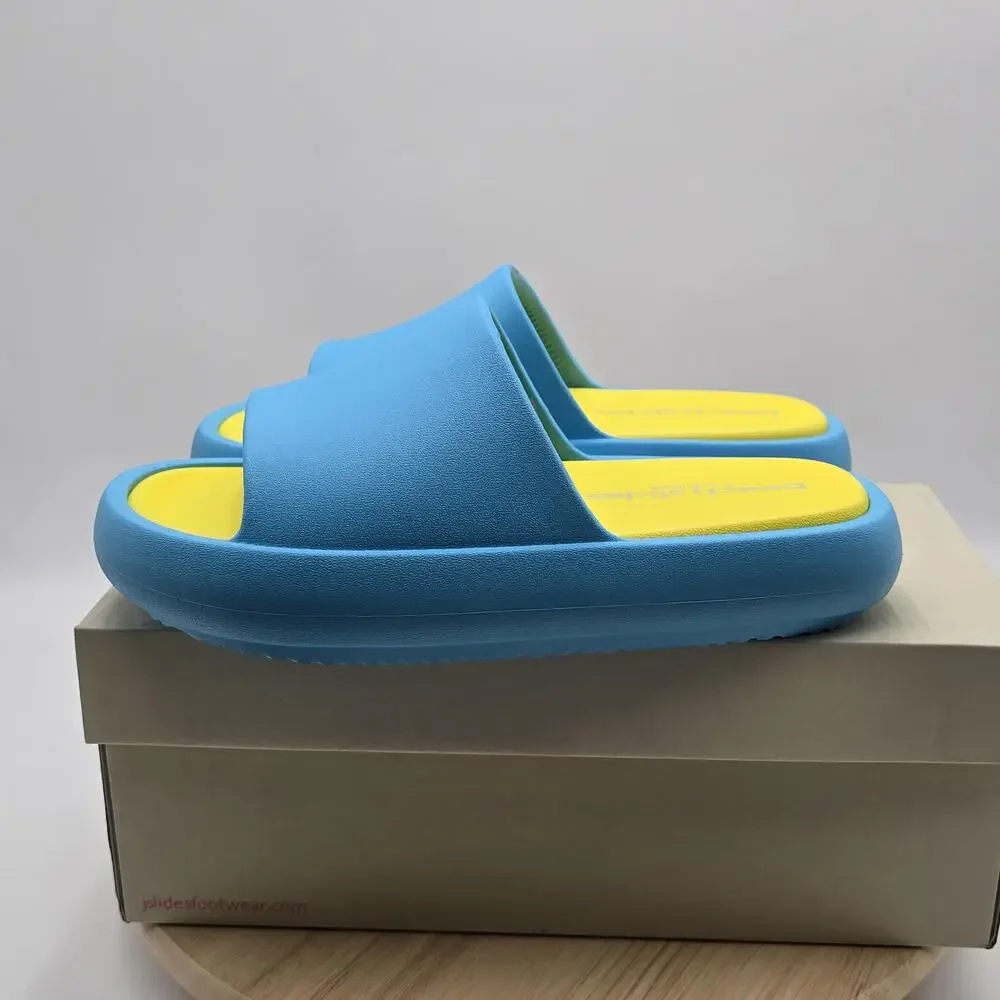 J/Slides Squish Beach Slide Sandals Mens Size 10 Blue Yellow Slip On Shoes New